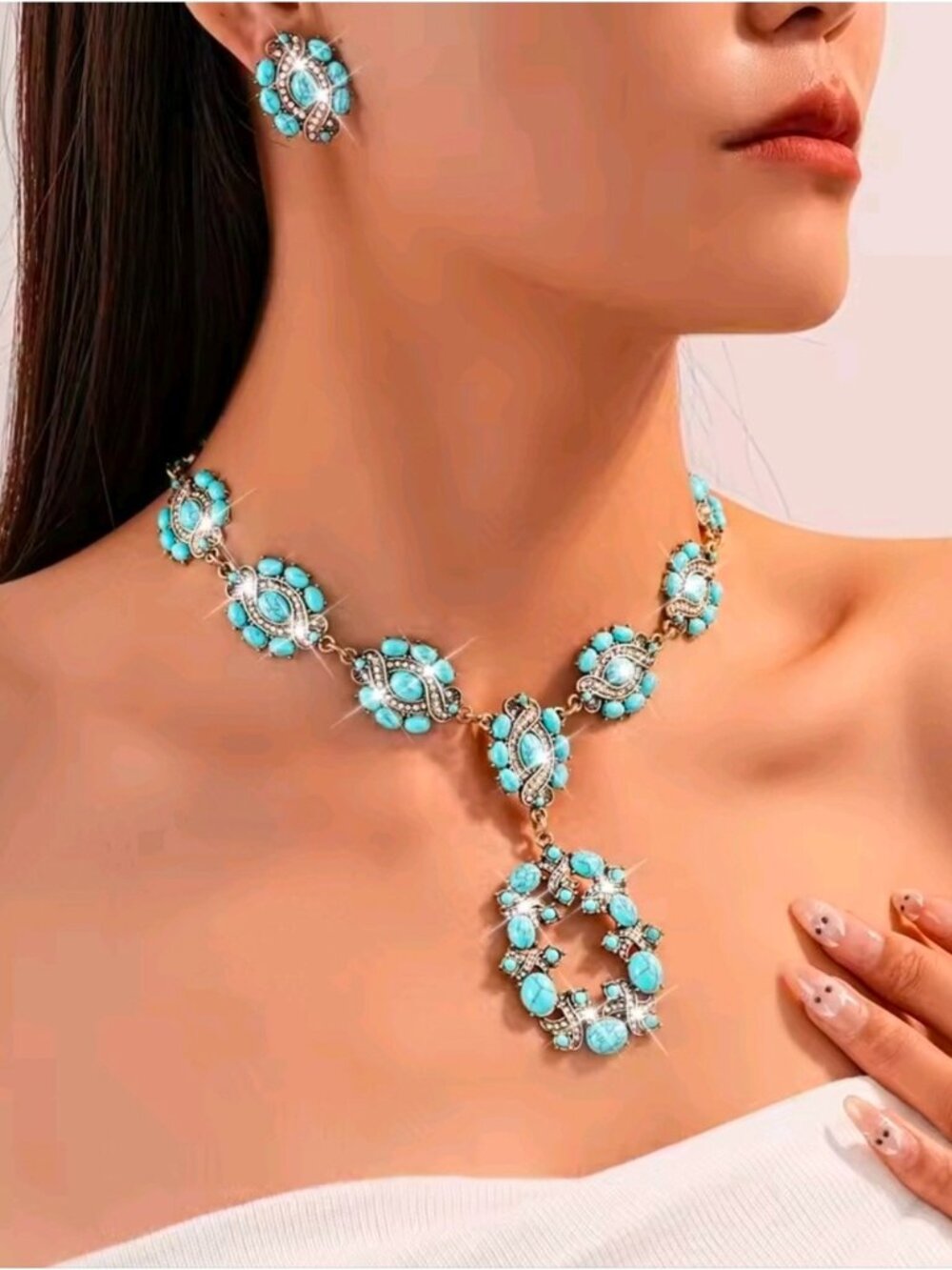 Turquoise Gold-Tone Statement Necklace - Elegant Women's Jewelry